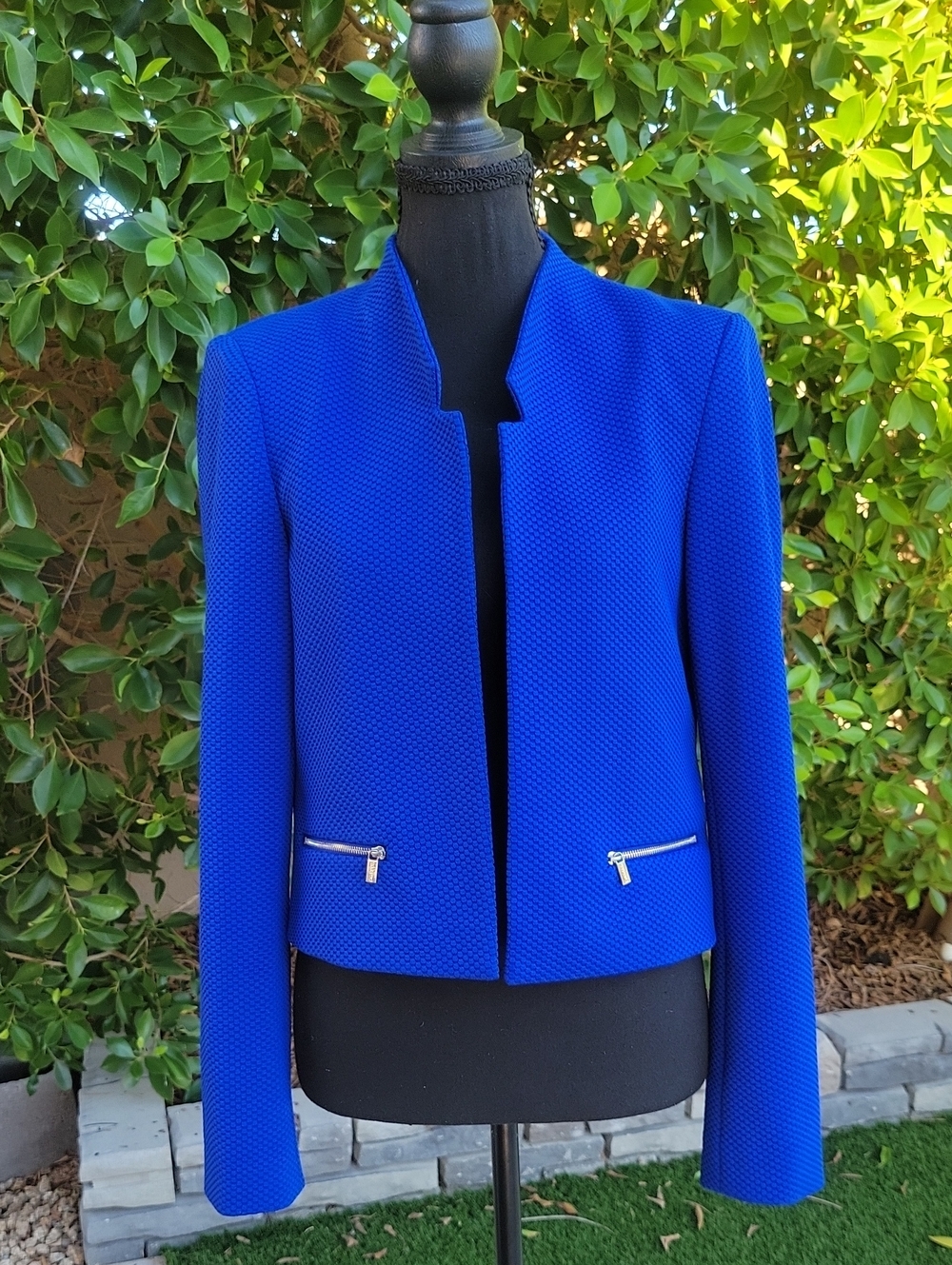 Calvin Klein Cobalt Royal Blue Textured Open Front Collarless Blazer Jacket
